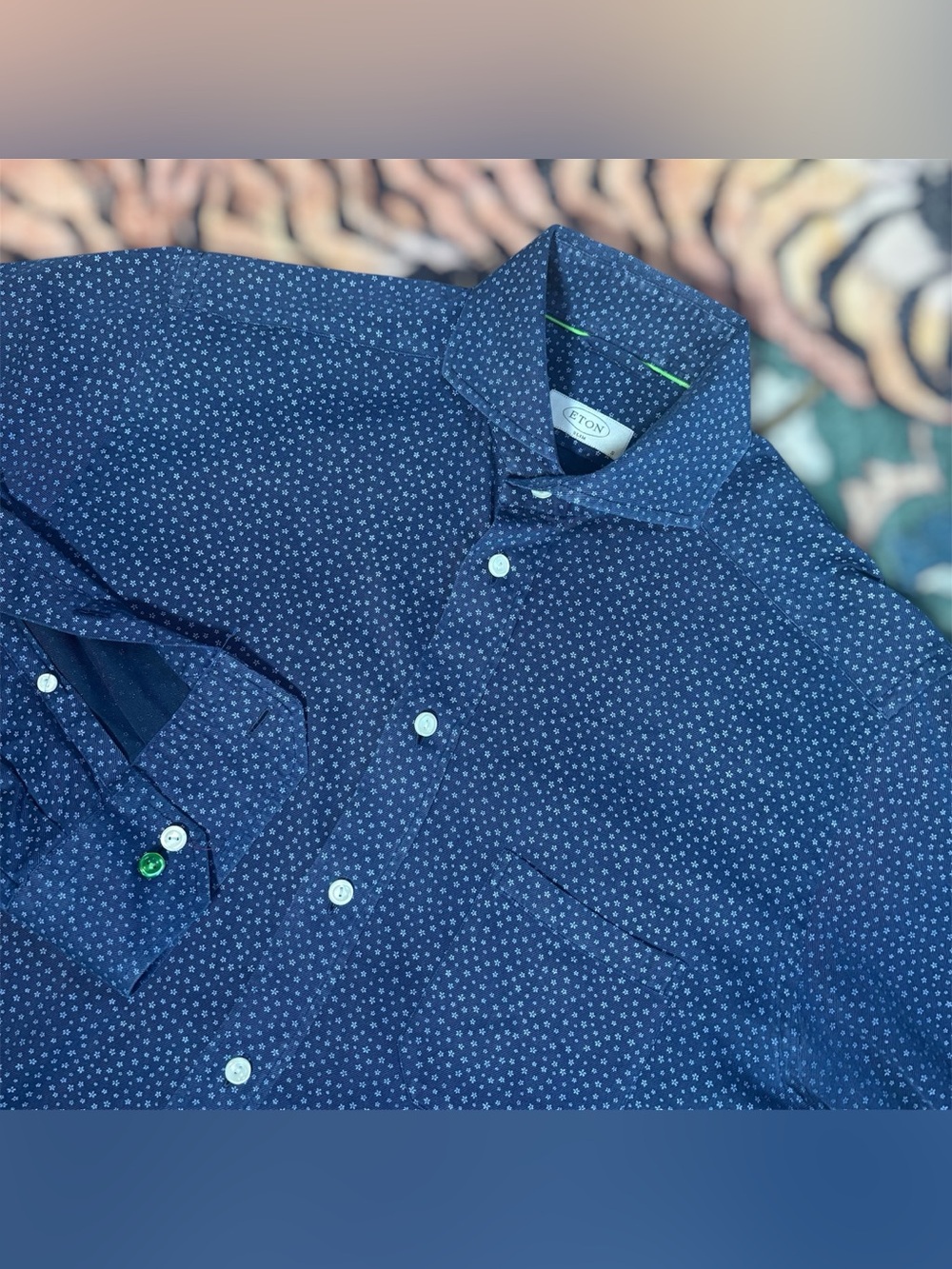 Eton Slim Fit Floral Print Dress Shirt Blue Button Up Long Sleeve Small Men’s